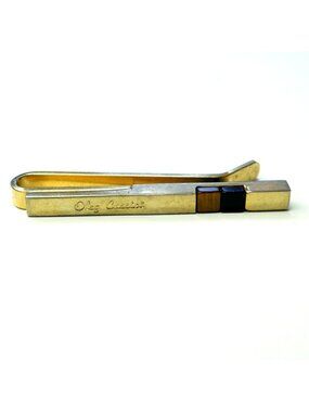Vintage Oleg Cassini Gold Tone Tie Clip Tiger Eye Black Inlay Tie Bar Minimalist